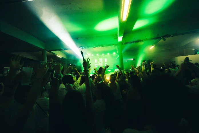 Silouhette d'un public qui saute avec un DJ